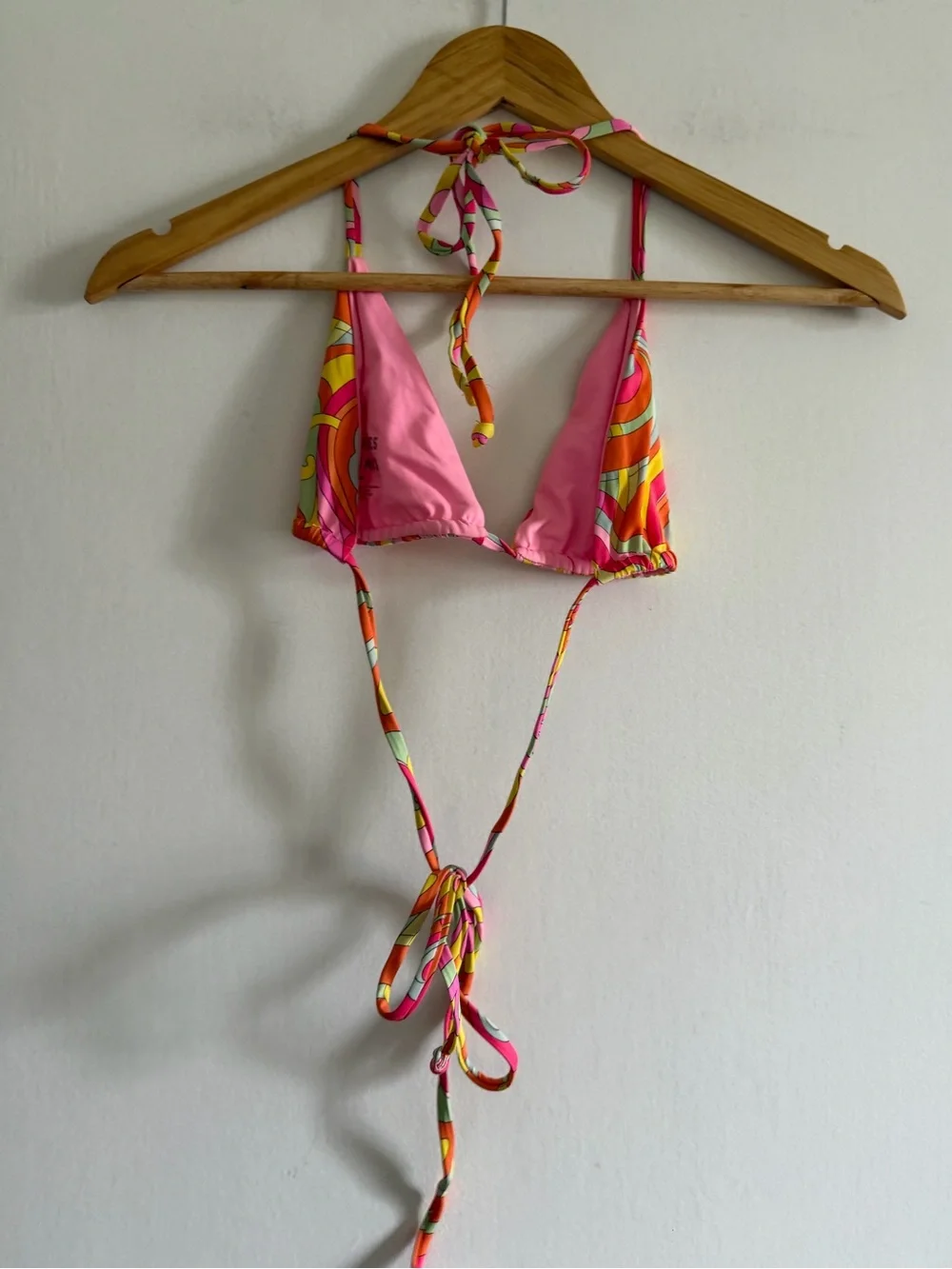Frankie’s Bikinis Pink Yellow 70’s Theme Retro Print Triangle Bikini Top size L